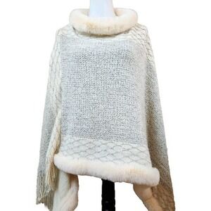 L.I.B. New York Poncho Sweater Ivory Knit Pullover Womens One Size Faux Fur NWT
